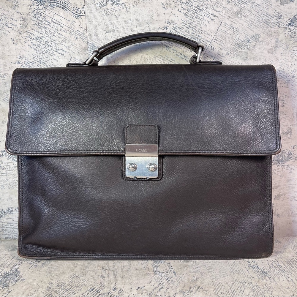PICARD MEN'S LEATHER BRIEFCASE/LAPTOP BAG (BLACK)